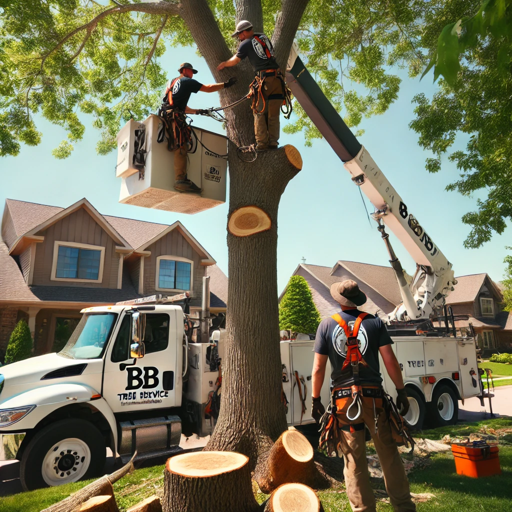 A-professional-tree-service-crew-working-in-a-residential-neighborhood-in-Milford-Kansas.-The-crew-is-using-a-bucket-truck-to-remove-a-large-tree-