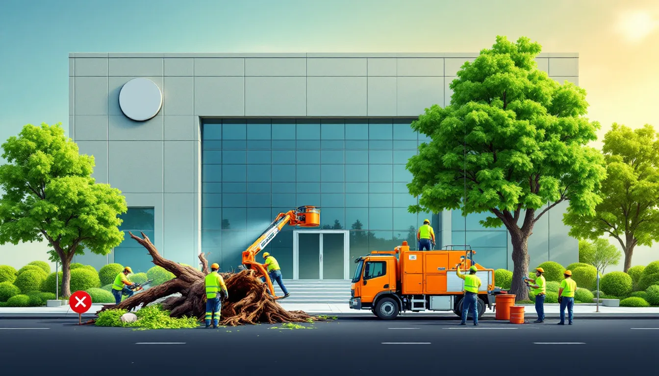 Emergency tree services being performed on a commercial property.