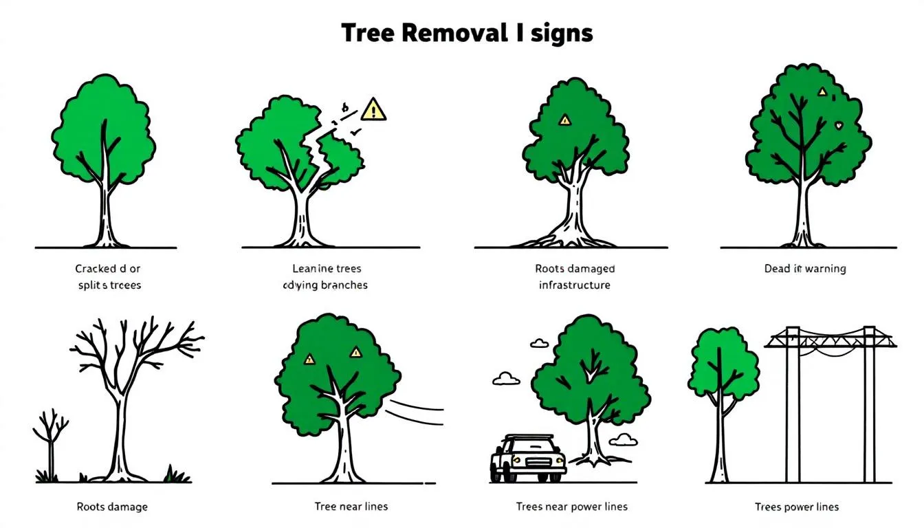 An illustration depicting signs that indicate the need for tree removal services.