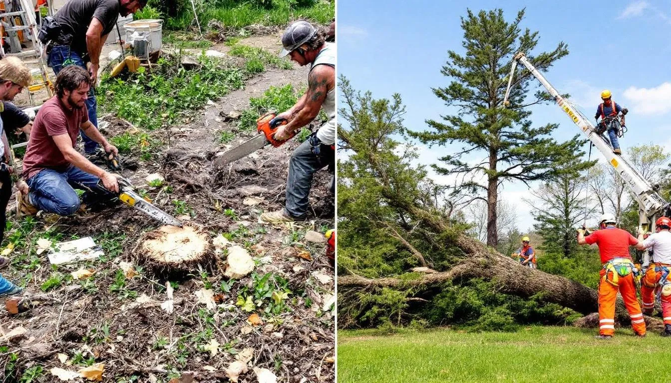 A comparison image showing DIY tree removal versus hiring professionals.