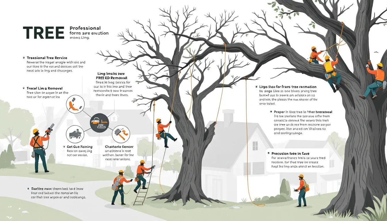 A professional tree removal service in action, removing large tree limbs.